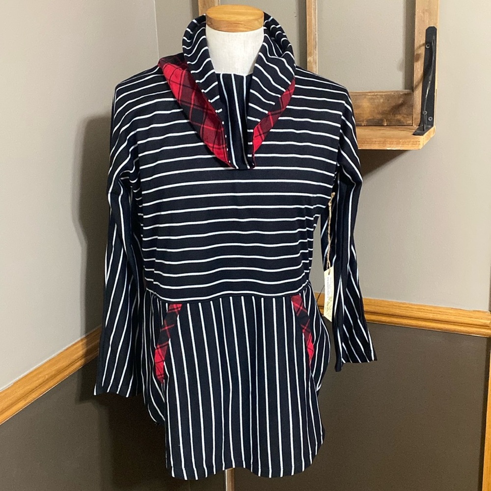 Bleu Bayou white & black stripe cowl neck tunic top Buffalo plaid size XS